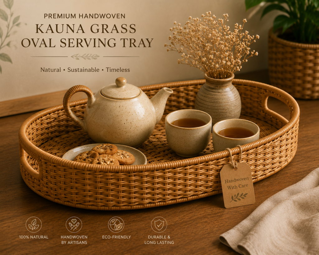 Premium Handwoven Kauna Grass Oval Serving Tray || TGR19 || HSN-code: 46021990
