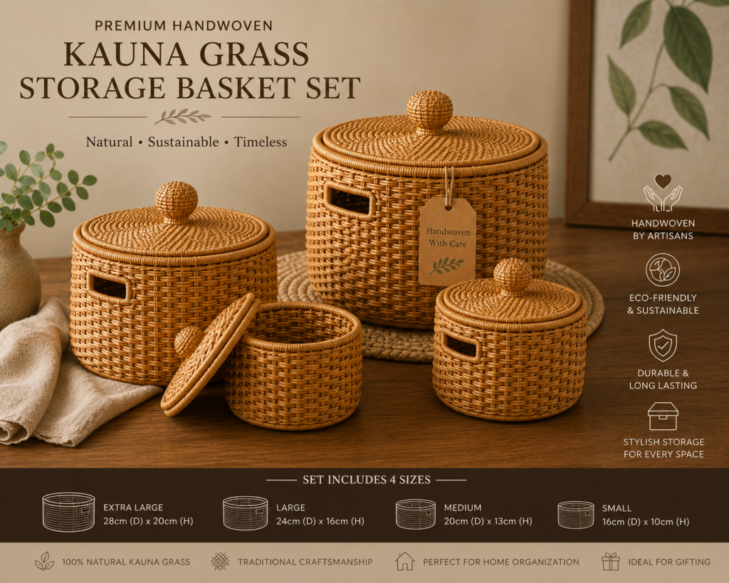 Premium Handwoven Kauna Grass Storage Basket Set || TGR21 || HSN-code: 46021990