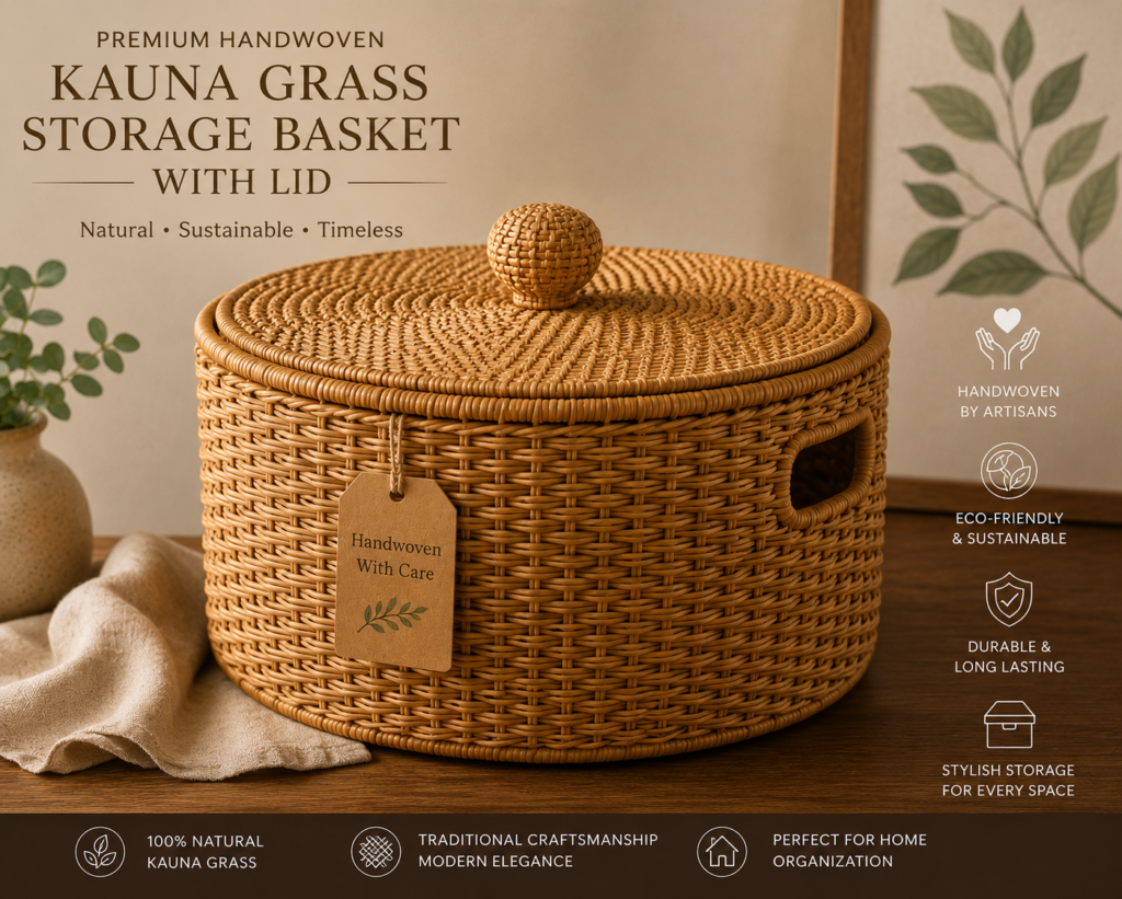 Premium Handwoven Kauna Grass Storage Basket with Lid || TGR20  || HSN-code: 46021990